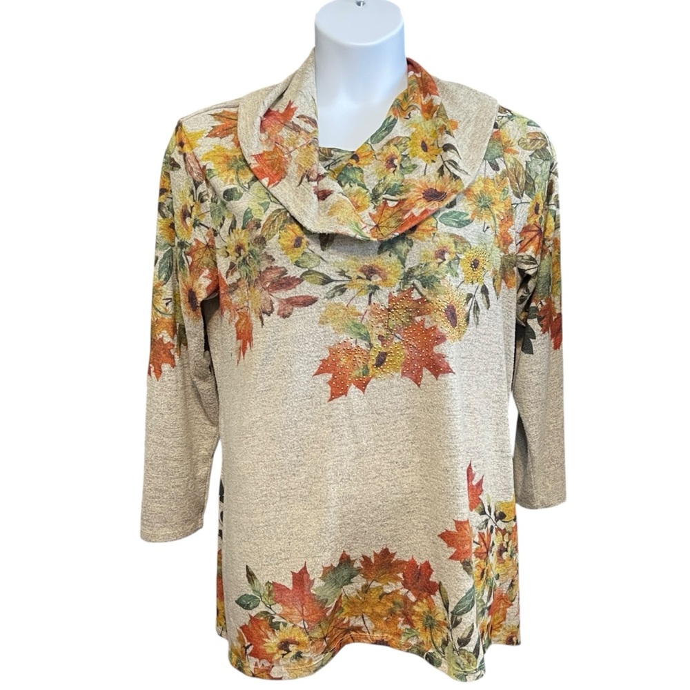One world Festive Floral Fall Leaves Cowlneck Sweater Women's XXL